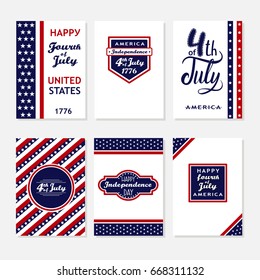 Set of cards fourth of July. Collection of posters USA Independence day. Greeting card in traditional american flag color: red, blue, white