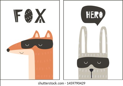 A set of cards with a Fox and a hare hero. Vector illustration, depicting a cartoon character in the Scandinavian style, for printing on fabric, clothing, dishes, pictures, postcards. Cute baby 