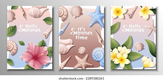 Set of cards with frangipani flowers, hibiscus, sea shells, clams, starfish. Summer background with tropical plants and marine life.