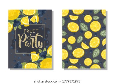 Set of cards "Fruit party" with fresh Lemon, Leaves and flowers. Vector illustration.
Printing on fabric, paper, postcards, invitations.