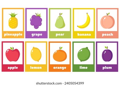 Juego de cartas con frutas. Colección de diferentes frutas. Postales para niños con estilo de dibujos animados. Material educativo. Vocabulario en inglés, tarjeta educativa para niños, diseño vectorial en estilo plano