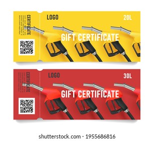 Set of cards with fuelling 3d nozzel illustration, modern gift certificate for gas station on bright yellow and red with same color refueling gadget and torn off part svg