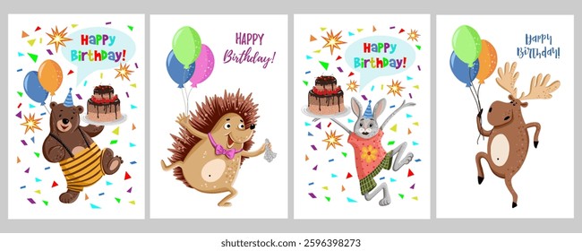 Set of cards with funny animals on white background. . Vector illustration