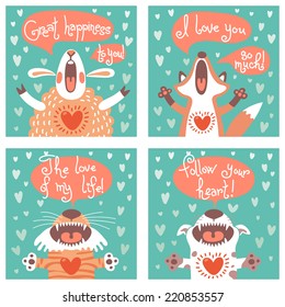 Set of cards with funny animals. Vector illustration.