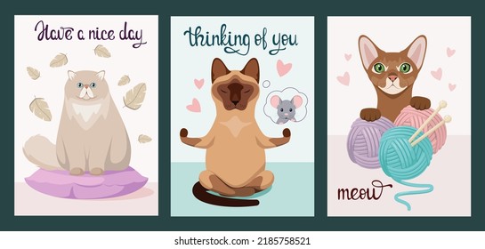 A set of cards with funny cats. Cartoon design.
