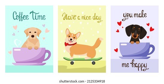 A set of cards with funny dogs. Cartoon design.
