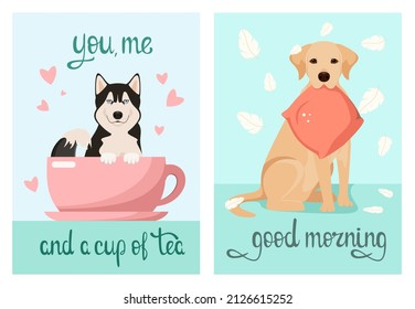 A set of cards with funny dogs. Cartoon design. Vector illustration.
