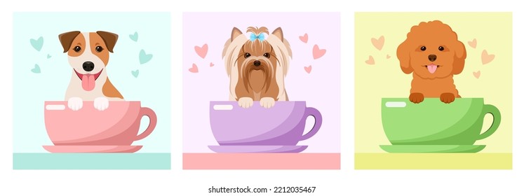 A set of cards with funny dogs. Cartoon design.