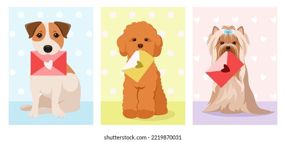 A set of cards with funny dogs with envelopes in their teeth. Cartoon design.