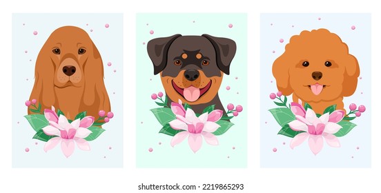 A set of cards with funny dogs with flowers. Pets. Cartoon design.