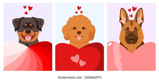 A set of cards with funny dogs and hearts. Cartoon design.