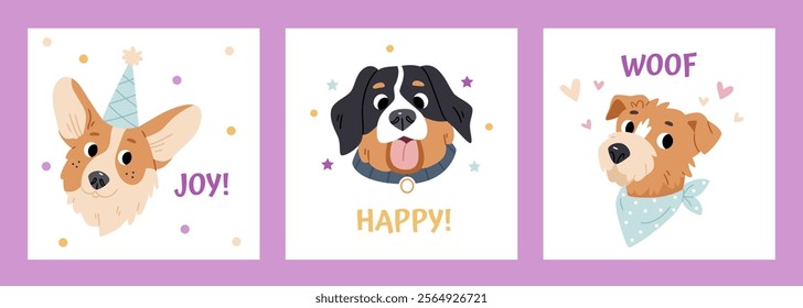 Set of cards with funny dogs.Funny hand drawn festive dogs in party hats