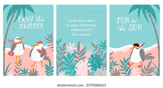 Set of cards with funny seagulls on vacation and phrases. Sea birds ocean and plants. Summer holidays on the beach. Vector illustration.
