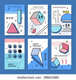 A set of cards with geometric elements Memphis. Bright composition hipster party, festival, birthday card.