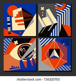 A set of cards with geometric ornaments in constructivist style. Elements can be used in posters, invitations, on T-shirts, bags.