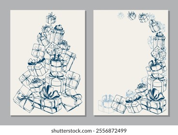 Set of cards with gift boxes. Christmas tree shape. Hand drawn vector illustration.