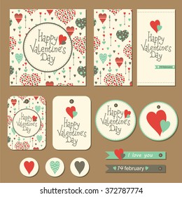 Set of cards, gift tags and labels with hearts and arrows for Valentine's day. Vector illustration.