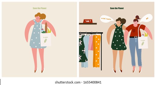 
Set of cards with girls about green shopping