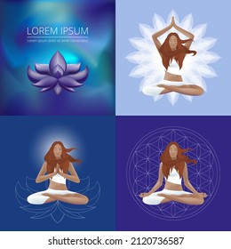 Set of cards with girls in the lotus position and symbols