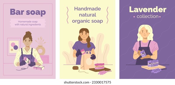 Set of cards with girls selling handmade soap.