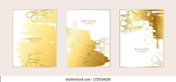 Set of cards with gold fowers. Apple tree branch with flower drawings. Black and white with line art on white backgrounds. Hand Drawn Botanical Illustrations.