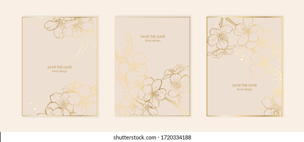 Set of cards with gold fowers. Apple tree branch with flower drawings. Black and white with line art on white backgrounds. Hand Drawn Botanical Illustrations.