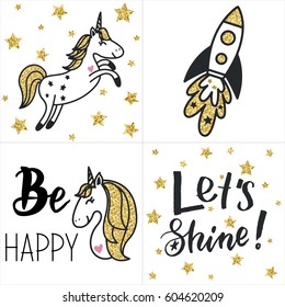 Set of cards with gold glittering unicorns, rocket, text and stars. Hand drawn vector illustration.