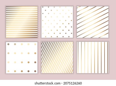 Set of cards with a gold pattern. Striped and speckled background. Set of patterns of horizontal, vertical lines and polka dots. Design for textiles, fabrics, gift wrapping, paper. Vector illustration