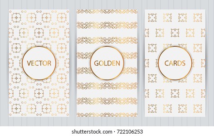 Set of cards in golden color on light grey background. Vector business templates for restaurant menu, flyer, brochure,cover, booklet, banner, etc.