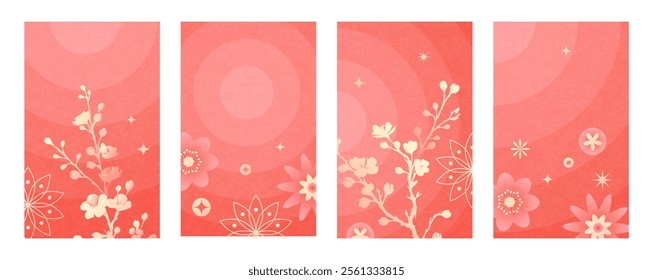 Set of cards with golden sakura branches, flowers and patterns. Red background with color transition. Vector collection of illustrations for covers, Chinese postcards, brochures