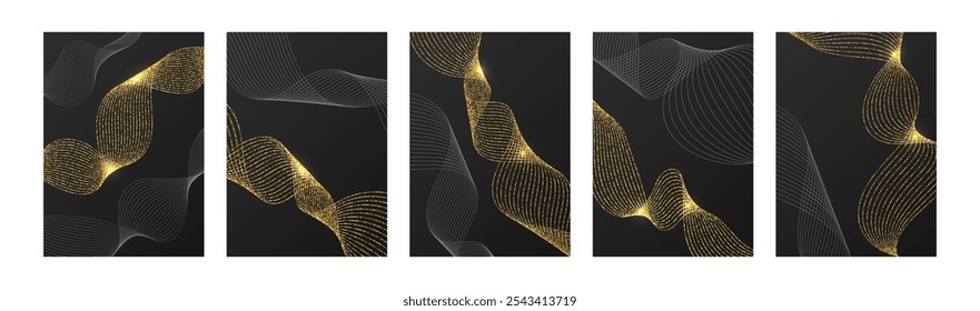 Set of cards with golden shiny wavy lines. Dynamic sound waves, energy flow, pulsation of musical particles. Vector illustration.Luxurious templates for covers, presentations, brochures, advertising m