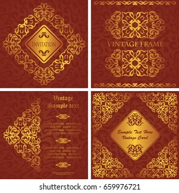 Set of cards with golden vintage elements and floral background  