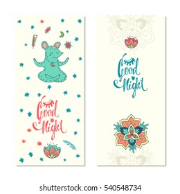 Set of cards Good night. Vector hand drawn illustration of mouse and wonderful flowers