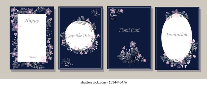 Set of cards with graphic, pink flowers, gray leaves. Roses. Decorative invitation to the holiday. Wedding, birthday. Universal card. Template for text.  Vector illustration.