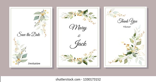 Set of cards with green and gold leaves. Decorative invitation to the holiday. Wedding, birthday. Universal card. Template for text.  Vector illustration.