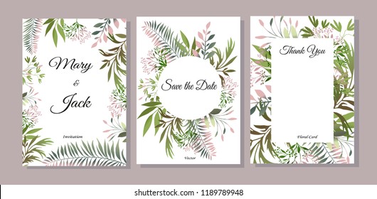 Set of cards with green leaves. Vector illustration. Decorative invitation to the holiday. Wedding, birthday. Universal card. Template for text.