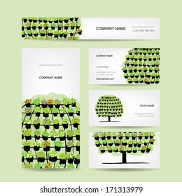 Set of cards, green tree made from floral pots