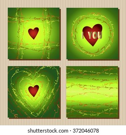 Set of cards for green valentines design. Card with heart shape, circle, square frame. Red hearts and gold handwritten I love you words frame background Love tags and badges for valentine day greeting