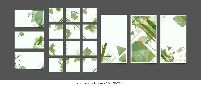 Set cards green and yellow lines and points white background. Banner summer ecology light minimal geometric