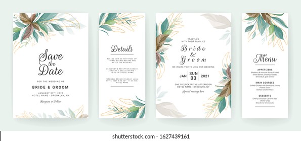 Set of cards with greenery decoration. Floral wedding invitation template design of tropical and glitter leaves. Botanic illustration for save the date, details, menu, event, cover, poster vector