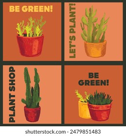 Set of cards for growing plants, can be used for plant shop, sketch style vector illustration