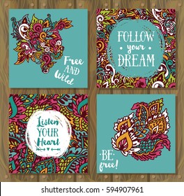 Set of cards for gypsy spirit  with doodle fantasy ornament on wooden background, can be used as party invitation or motivation posters, vector illustration