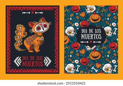 Conjunto de cartas para o dia das bruxas ou dia da festa morta com gato assustador doodle bonito, ilustração vetorial