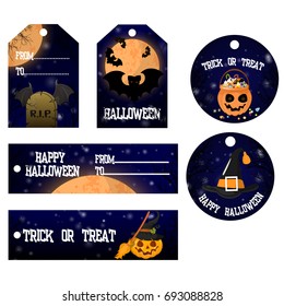 A set of cards Halloween different shapes. Vector illustration. Scary party invitation with witch, hat, cauldron and the scheme. Place for your text message.