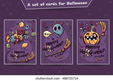 Set of cards Halloween doodles - Ghost, pumpkin with the balls on a broomstick