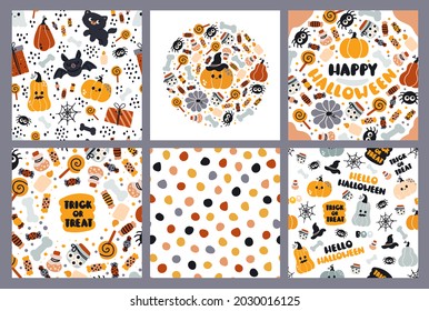 A set of cards for Halloween. Postcards and seamless vector patterns with pumpkins, bones and sweets