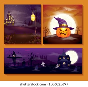 set cards with halloween scenes