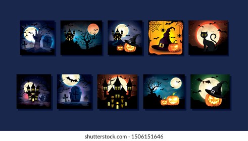 set cards with halloween scenes