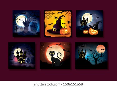 set cards with halloween scenes