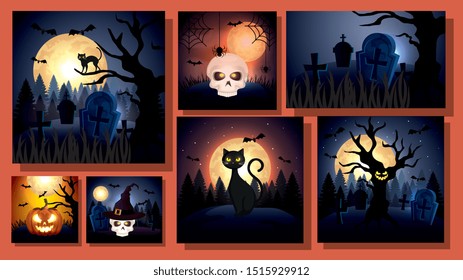 set cards with halloween scenes